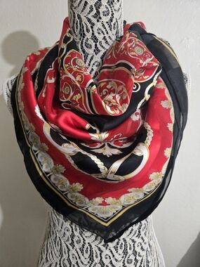 Vakko Red, Black & Gold Baroque Print Silk-Feel Scarf